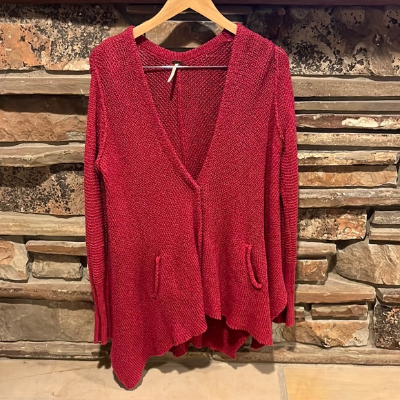 Free People Sweaters - Free People Shark Bite Red Cotton Blend Knit Cardigan